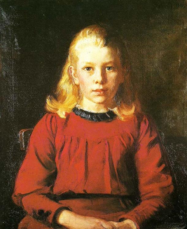 Michael Ancher helga i rod kjole France oil painting art